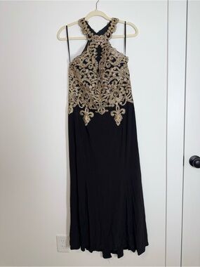 Ed Young Black Gold Beaded Halter Formal Gown XL Pageant Prom Evening Dress